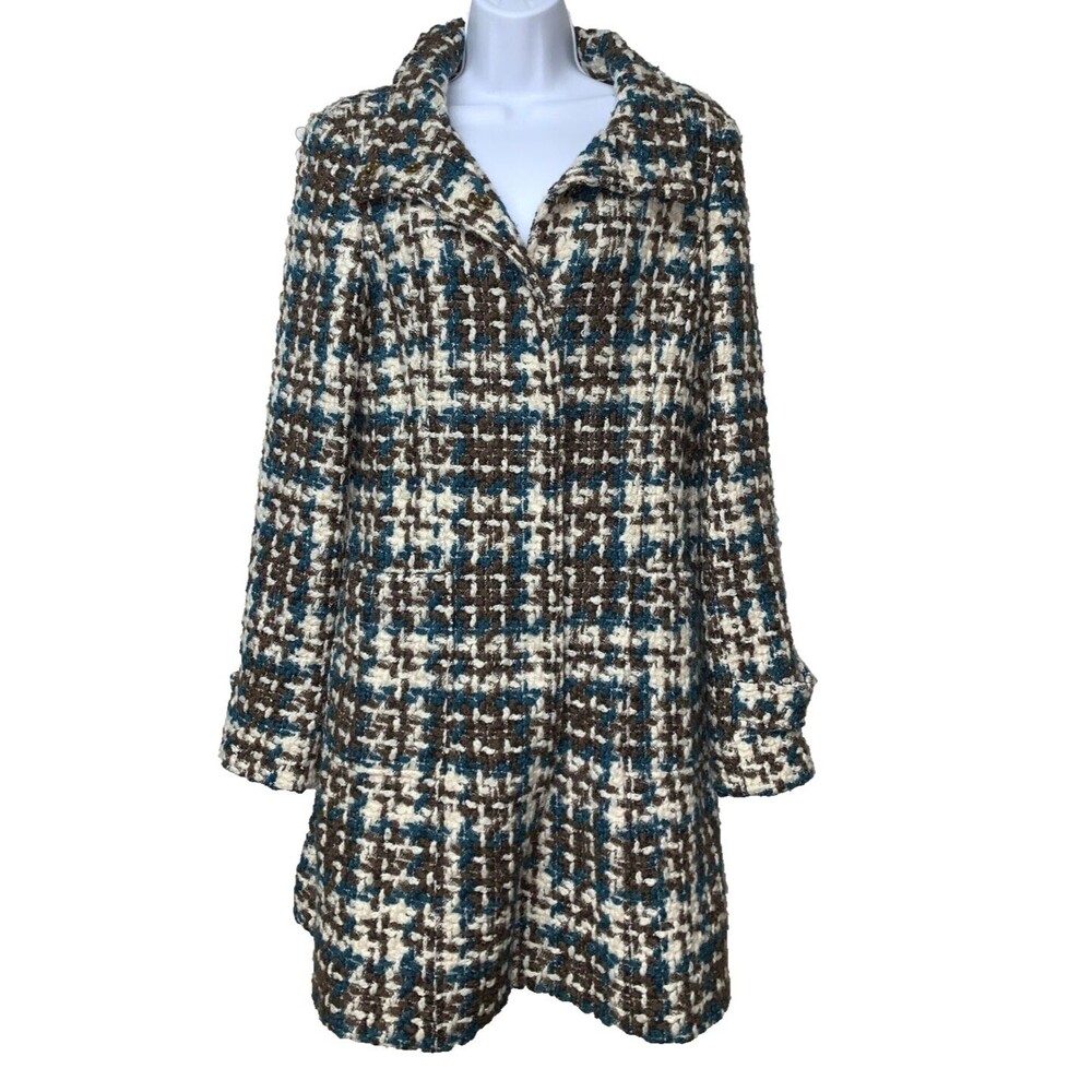 Arden B Coat Women's L Wool Blend Blue Brown Chunky Plaid Tweed Lined Midi Snaps
